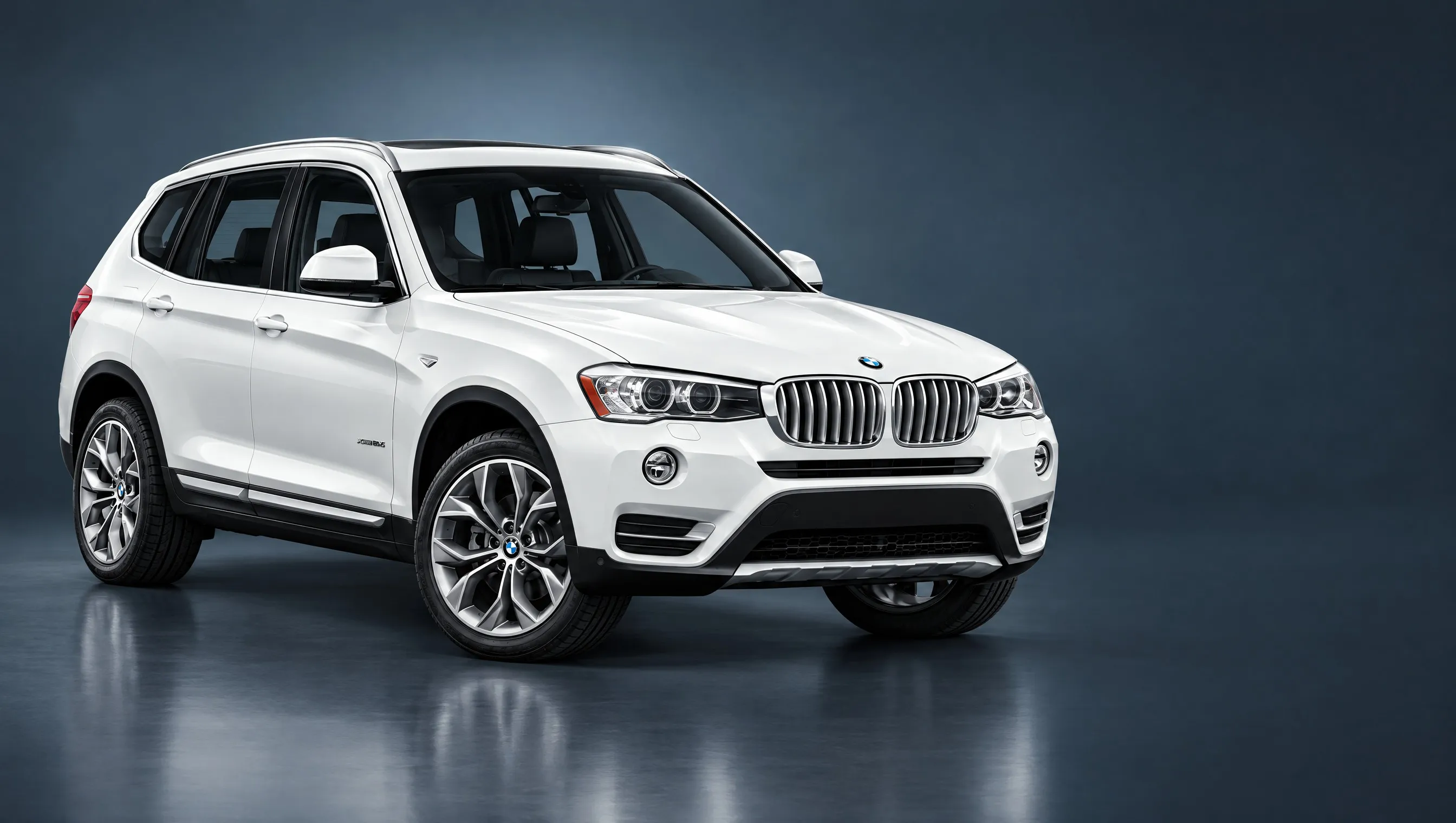 A white BMW X3 SUV, three-quarter front view, in a blue-grey studio